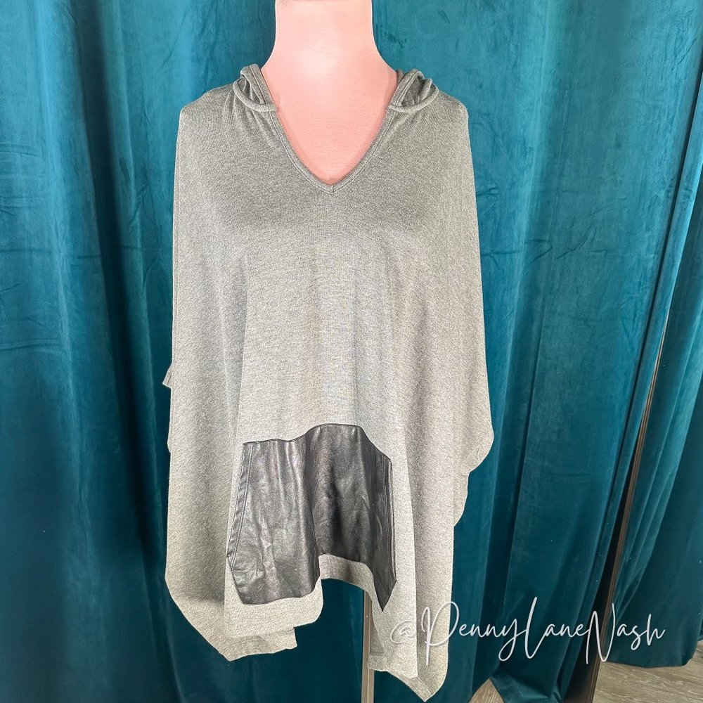 NWT Andrea Jovine Oversized Gray Hooded Poncho w/Faux Leather Trim - Picture 2 of 9